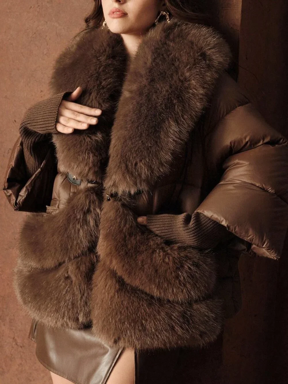 Brown Casual Women's Plus Size Contrast Faux Fur V-Neck Patchwork Zip Coat